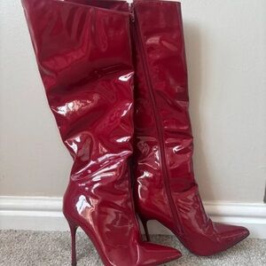 PrettyLittleThing Shiny Crimson Heeled Boots